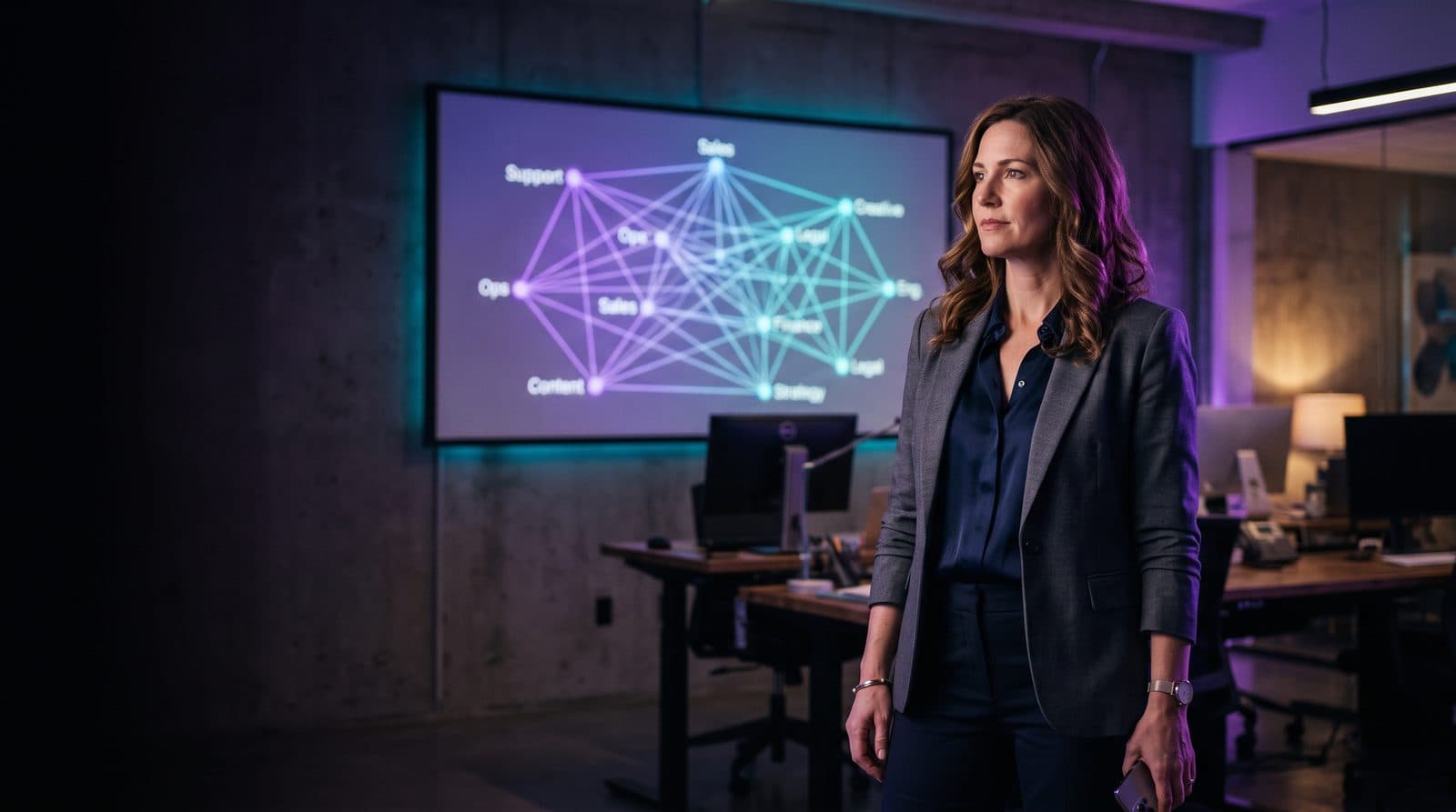 Business owner looking at a glowing network diagram of connected AI roles