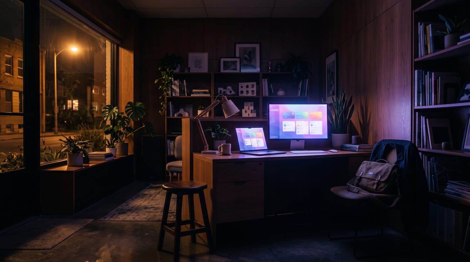 An empty small business office at night with a single workstation still lit and running