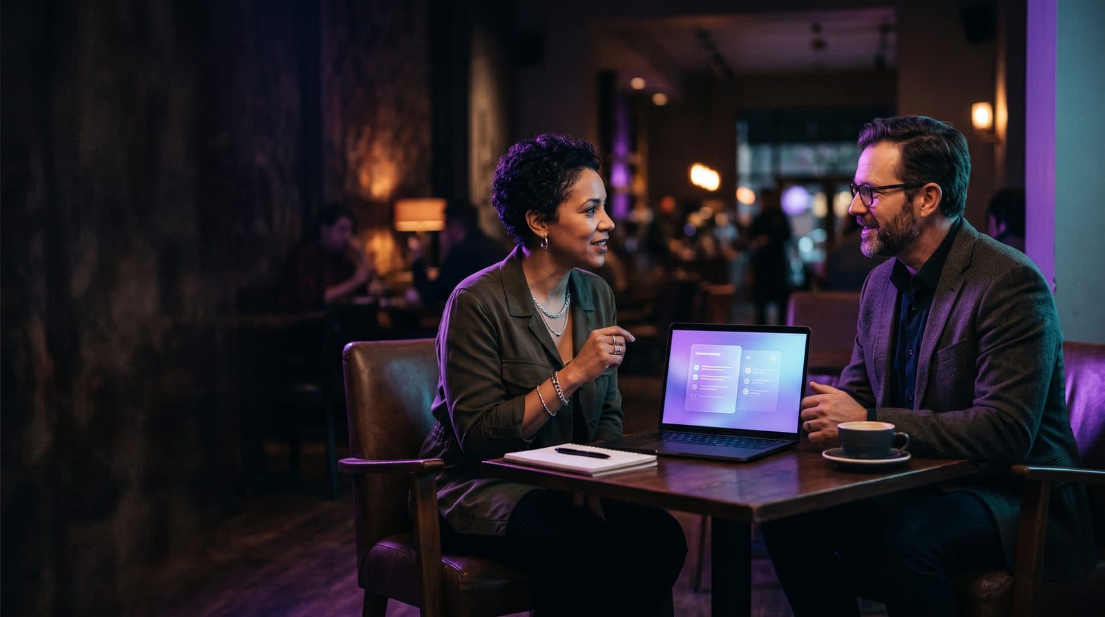 Business owner and consultant discussing a comparison checklist over coffee
