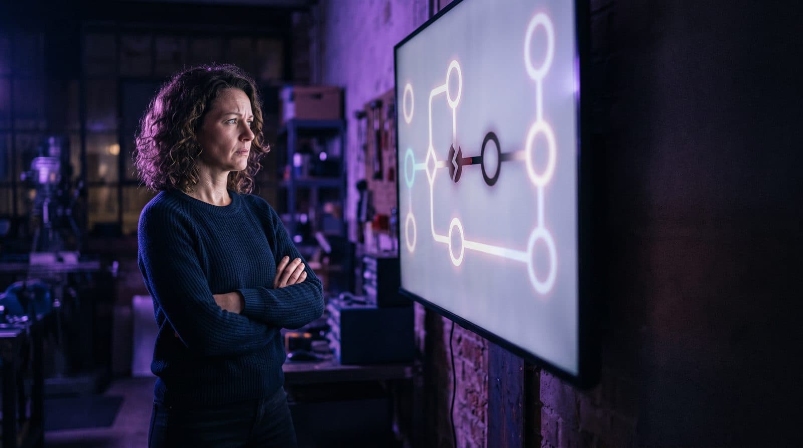 Business owner looking skeptically at a broken workflow diagram